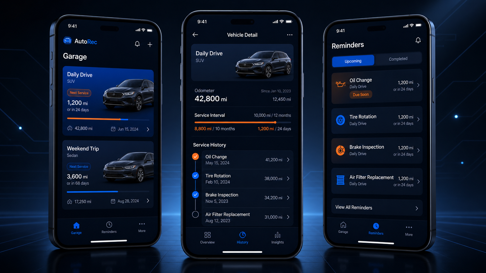 AutoRec mobile screens for garage, vehicle detail and reminders