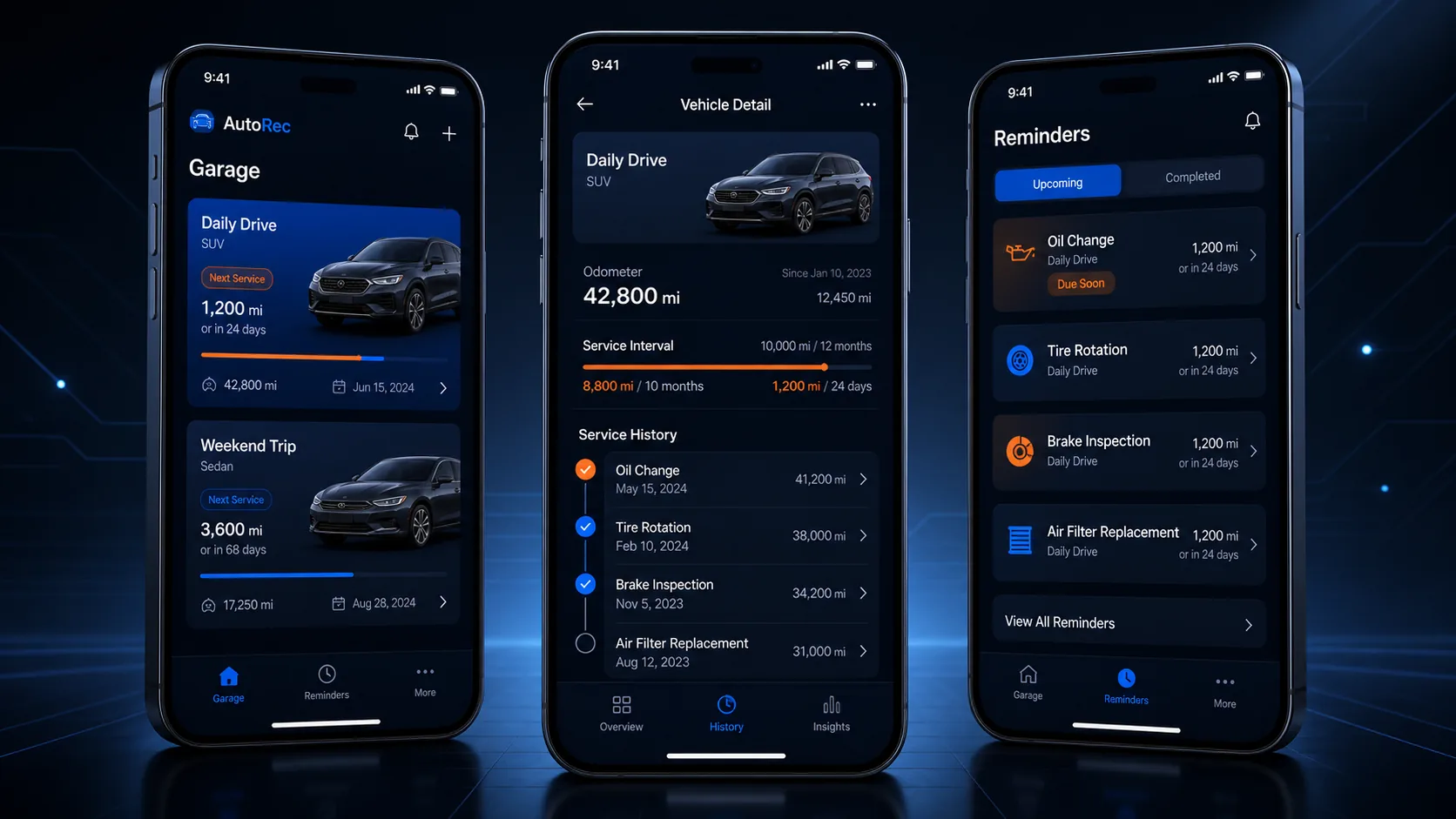 AutoRec mobile screens for garage, vehicle detail and reminders